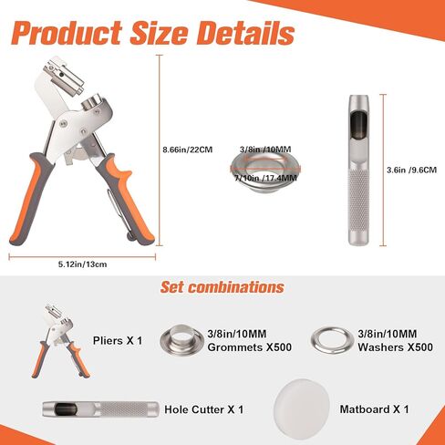 Grommet Tool Kit, 500 pcs Tarp Grommet Eyelet Tool Kit for Fabric with 3/8Inch 10mm Grommets, Manual Grommets Press Fabric Hole Punch for Tarp, Fabric, Banner and Canvas in Kuwait