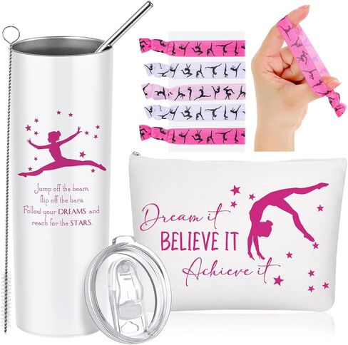 Junkin Set of 3 Gift for Christmas for Gymnastics Women Include Stainless Steel Tumbler with Straw Gymnastics Makeup Bag Gymnastics Elastics Hair Ties for Coaches Female Gymnasts Gymnastic(Purple) in Kuwait