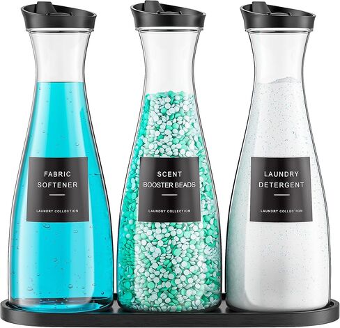 عبوتان من حاوية توزيع منظفات الغسيل مع صينية، وموزع صابون الغسيل السائل 54 أونصة مع ملصقات، وتنظيم غرفة الغسيل الأسود للمسحوق، ومنعم الأقمشة in Kuwait