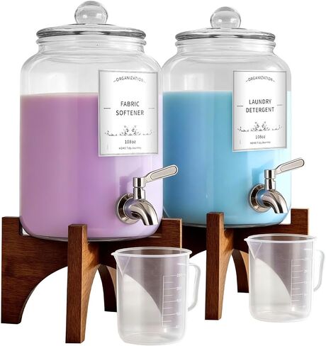 موزع منظفات الغسيل الزجاجي، 108 أونصة (عبوة من قطعتين) مع صنبور من الفولاذ المقاوم للصدأ وحامل من الخشب الصلب - حاوية للصابون السائل ومنعم الأقمشة لتنظيم غرفة الغسيل وتخزينها in Kuwait