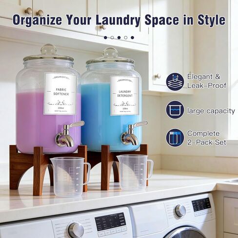 موزع منظفات الغسيل الزجاجي، 108 أونصة (عبوة من قطعتين) مع صنبور من الفولاذ المقاوم للصدأ وحامل من الخشب الصلب - حاوية للصابون السائل ومنعم الأقمشة لتنظيم غرفة الغسيل وتخزينها in Kuwait