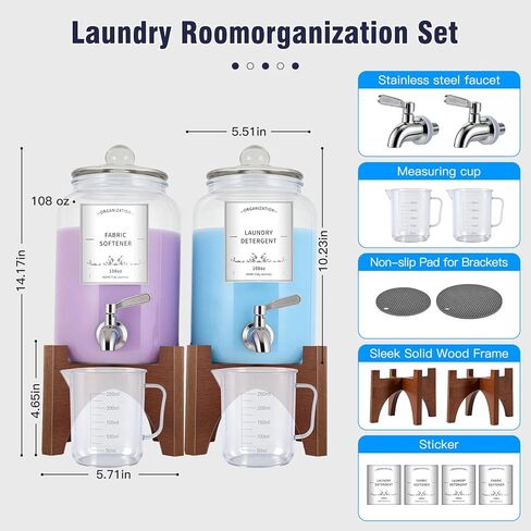 موزع منظفات الغسيل الزجاجي، 108 أونصة (عبوة من قطعتين) مع صنبور من الفولاذ المقاوم للصدأ وحامل من الخشب الصلب - حاوية للصابون السائل ومنعم الأقمشة لتنظيم غرفة الغسيل وتخزينها in Kuwait
