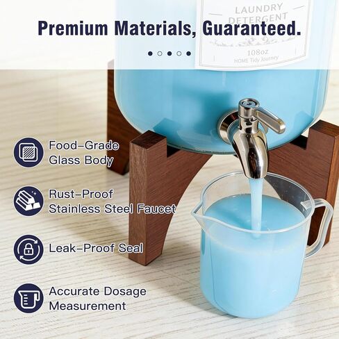 موزع منظفات الغسيل الزجاجي، 108 أونصة (عبوة من قطعتين) مع صنبور من الفولاذ المقاوم للصدأ وحامل من الخشب الصلب - حاوية للصابون السائل ومنعم الأقمشة لتنظيم غرفة الغسيل وتخزينها in Kuwait