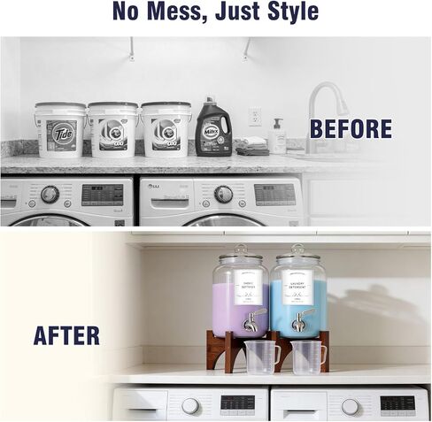 موزع منظفات الغسيل الزجاجي، 108 أونصة (عبوة من قطعتين) مع صنبور من الفولاذ المقاوم للصدأ وحامل من الخشب الصلب - حاوية للصابون السائل ومنعم الأقمشة لتنظيم غرفة الغسيل وتخزينها in Kuwait