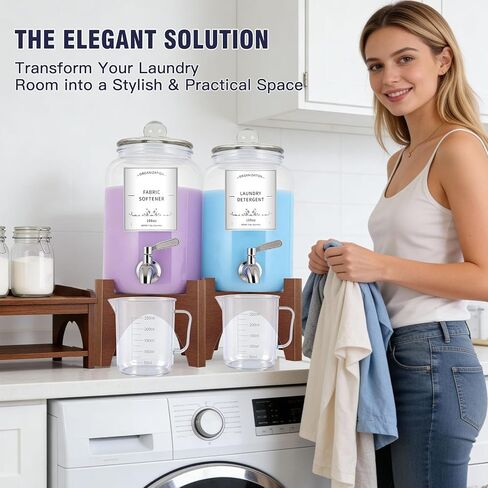 موزع منظفات الغسيل الزجاجي، 108 أونصة (عبوة من قطعتين) مع صنبور من الفولاذ المقاوم للصدأ وحامل من الخشب الصلب - حاوية للصابون السائل ومنعم الأقمشة لتنظيم غرفة الغسيل وتخزينها in Kuwait