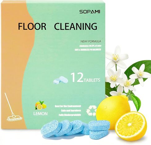 SOPAMI 12pcs Floor Cleaning Solution Tablet Deep Cleans for Multiple Hard Floors, Tile and Vinyl Floors，Suitable With All Robot Vacuums with Mopping and Cordless Wet/Dry Vacuum Mop Cleaner lemon Scent in Kuwait