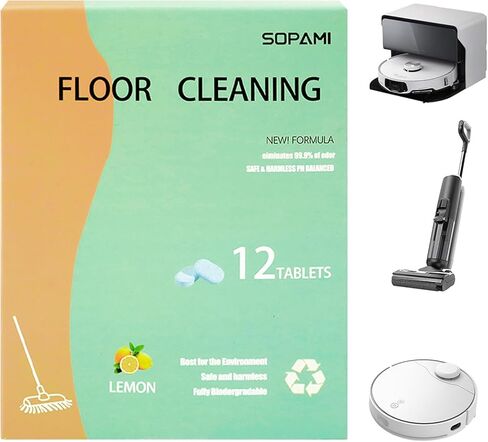 SOPAMI 12pcs Floor Cleaning Solution Tablet Deep Cleans for Multiple Hard Floors, Tile and Vinyl Floors，Suitable With All Robot Vacuums with Mopping and Cordless Wet/Dry Vacuum Mop Cleaner lemon Scent in Kuwait