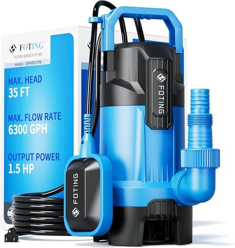 مضخة مياه غاطسة FOTING بقوة 1.5 حصان، 6300 جيجا في الساعة، مضخة مياه غاطسة نظيفة وقذرة، مضخة مياه كهربائية محمولة بالحرارة لتصريف حوض السباحة وحوض الاستحمام الساخن والحديقة في الطابق السفلي in Kuwait