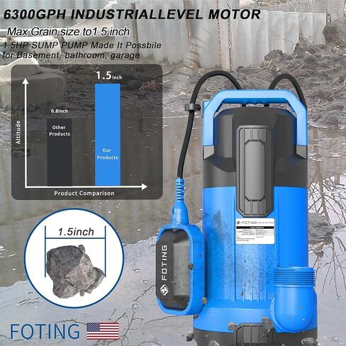 مضخة مياه غاطسة FOTING بقوة 1.5 حصان، 6300 جيجا في الساعة، مضخة مياه غاطسة نظيفة وقذرة، مضخة مياه كهربائية محمولة بالحرارة لتصريف حوض السباحة وحوض الاستحمام الساخن والحديقة في الطابق السفلي in Kuwait