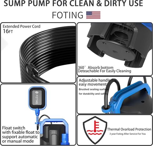 مضخة مياه غاطسة FOTING بقوة 1.5 حصان، 6300 جيجا في الساعة، مضخة مياه غاطسة نظيفة وقذرة، مضخة مياه كهربائية محمولة بالحرارة لتصريف حوض السباحة وحوض الاستحمام الساخن والحديقة في الطابق السفلي in Kuwait