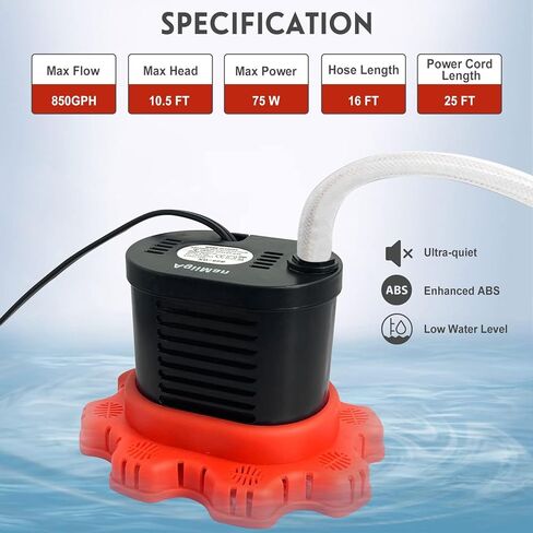 AgiiMan Pool Cover Pump Above Ground - 850 GPH Submersible Water Pump for Pool Draining, Portable Small Sump Pumps with 16' Drainage Hose and 25' Power Cord, 3 Adapters, Black in Kuwait