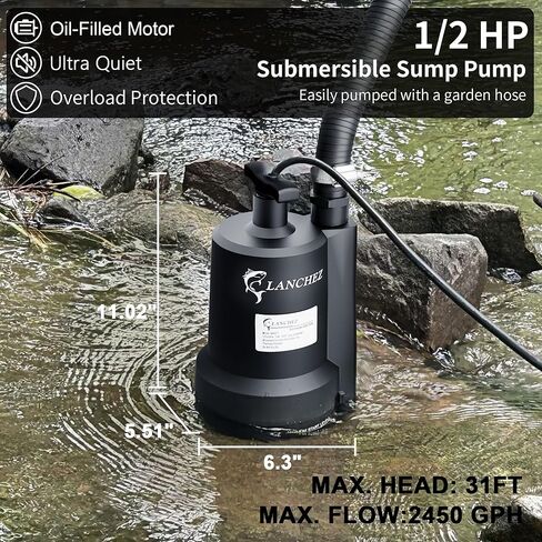 مضخة مستنقع Lanchez، مضخة مياه غاطسة 1/2 HP 2450GPH، مضخة نقل كهربائية محمولة من البلاستيك الحراري لحوض الاستحمام الساخن، حمام السباحة، الطابق السفلي، حديقة البركة، تصريف مع سلك بطول 10 أقدام in Kuwait