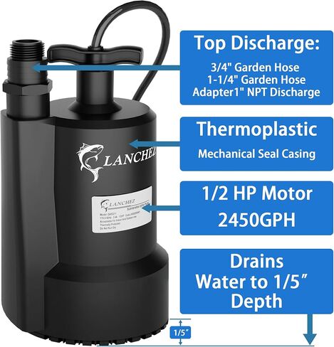 مضخة مستنقع Lanchez، مضخة مياه غاطسة 1/2 HP 2450GPH، مضخة نقل كهربائية محمولة من البلاستيك الحراري لحوض الاستحمام الساخن، حمام السباحة، الطابق السفلي، حديقة البركة، تصريف مع سلك بطول 10 أقدام in Kuwait