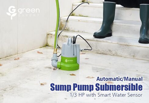 Green Expert 1/3HP Submersible Sump Pump with Unique Flow Sensor Switch Last-inch Water Drainage for Flooded Basement Backyard Pool Hot Tub Rain Barrel Easy to Use Backup Drain Pump 25-Foot Power Cord in Kuwait