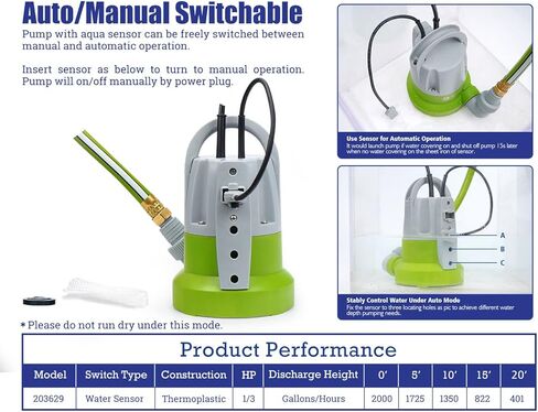 Green Expert 1/3HP Submersible Sump Pump with Unique Flow Sensor Switch Last-inch Water Drainage for Flooded Basement Backyard Pool Hot Tub Rain Barrel Easy to Use Backup Drain Pump 25-Foot Power Cord in Kuwait