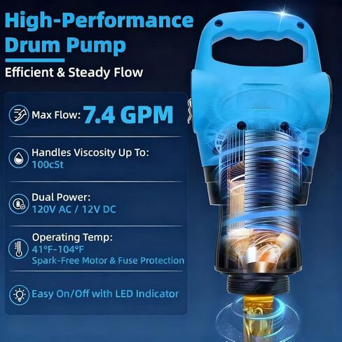 Electric Drum Barrel Pump 55 Gallon, DEF Electric Drum Pump with 120V AC/12V DC Dual Power & Built-in 2-Inch Bung Adapter, 7.4 GPM High Flow Rate for Water, Antifreeze, Diesel, DEF in Saudi Arabia