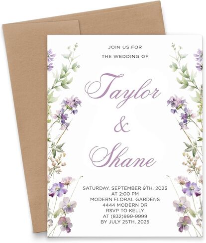 Purple Wildflower Wedding Invitations with Florals, Spring Wedding Invitation Sets, Modern Wedding Invite with Flowers, Customized Summer Wedding Invites, Your choice of Quantity and Envelope Color in Saudi Arabia