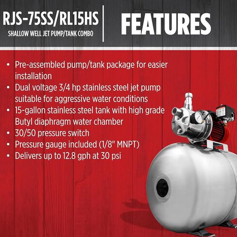 Red Lion RJS-75SS/RL15HS 115/230 Volt 3/4 HP, 12.8 GPM Stainless Steel Shallow Well Jet Pump and 15 Gallon Tank System, Stainless Steel, 602240 in Kuwait