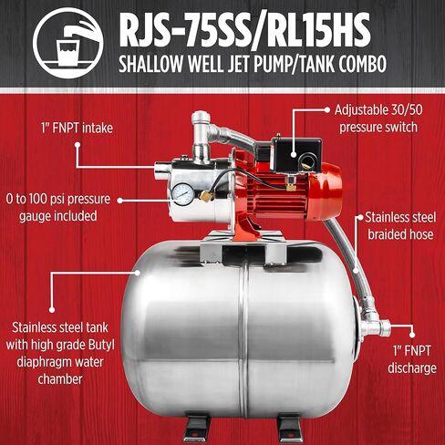 Red Lion RJS-75SS/RL15HS 115/230 Volt 3/4 HP, 12.8 GPM Stainless Steel Shallow Well Jet Pump and 15 Gallon Tank System, Stainless Steel, 602240 in Kuwait