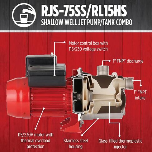 Red Lion RJS-75SS/RL15HS 115/230 Volt 3/4 HP, 12.8 GPM Stainless Steel Shallow Well Jet Pump and 15 Gallon Tank System, Stainless Steel, 602240 in Kuwait