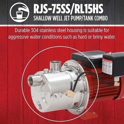 Red Lion RJS-75SS/RL15HS 115/230 Volt 3/4 HP, 12.8 GPM Stainless Steel Shallow Well Jet Pump and 15 Gallon Tank System, Stainless Steel, 602240 in Kuwait