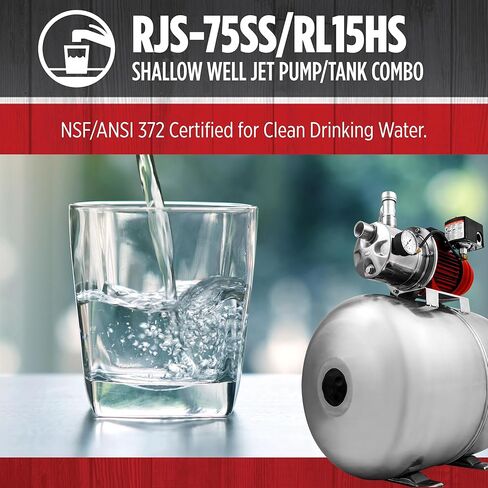 Red Lion RJS-75SS/RL15HS 115/230 Volt 3/4 HP, 12.8 GPM Stainless Steel Shallow Well Jet Pump and 15 Gallon Tank System, Stainless Steel, 602240 in Kuwait