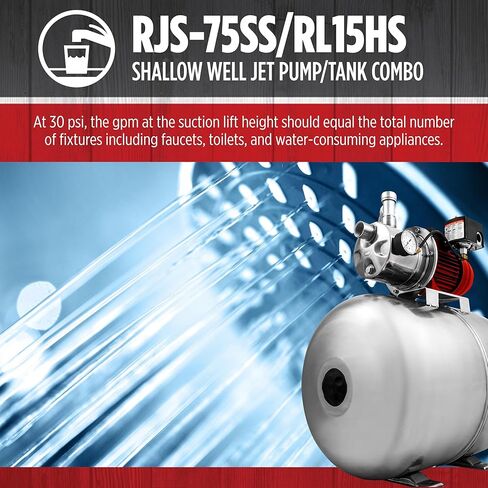 Red Lion RJS-75SS/RL15HS 115/230 Volt 3/4 HP, 12.8 GPM Stainless Steel Shallow Well Jet Pump and 15 Gallon Tank System, Stainless Steel, 602240 in Kuwait