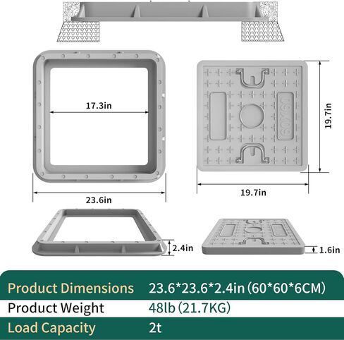 غطاء وإطار فتحة مربعة مقاس 24 × 24 بوصة، غطاء خزان صرف صحي صلب، تصميم مجوف غير قابل للانزلاق بمقبض، مناسب للصرف الصحي وخزان الصرف الصحي والفناء (رمادي) in Kuwait