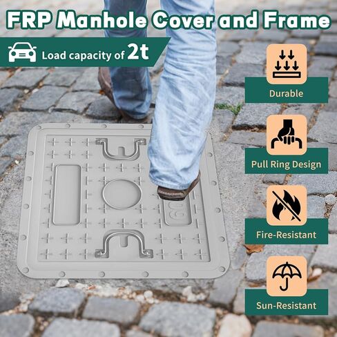 غطاء وإطار فتحة مربعة مقاس 24 × 24 بوصة، غطاء خزان صرف صحي صلب، تصميم مجوف غير قابل للانزلاق بمقبض، مناسب للصرف الصحي وخزان الصرف الصحي والفناء (رمادي) in Kuwait