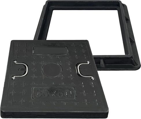غطاء وإطار فتحة مربعة مقاس 24 × 24 بوصة، غطاء خزان صرف صحي صلب، تصميم مجوف غير قابل للانزلاق بمقبض، مناسب للصرف الصحي وخزان الصرف الصحي والفناء (رمادي) in Saudi Arabia