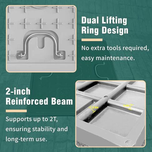 غطاء وإطار فتحة مربعة مقاس 24 × 24 بوصة، غطاء خزان صرف صحي صلب، تصميم مجوف غير قابل للانزلاق بمقبض، مناسب للصرف الصحي وخزان الصرف الصحي والفناء (رمادي) in Kuwait
