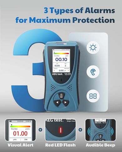 كاشف الإشعاع AEGTEST Radar-5633 كاشف الإشعاع النووي المحمول مع شاشة LCD، مقياس الجرعات القابلة لإعادة الشحن للكشف عن الأشعة السينية بيتا جاما، التدابير في CPM μSv/h μR/h μSv - أزرق in Kuwait