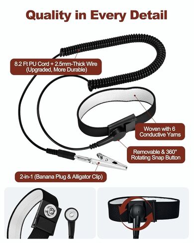 Anti Static Wrist Strap, Adjustable ESD Wrist Strap with Alligator Clip, Grounding Bracelet with Extra Long Cord for PC Building Electronics Repair & Treadmill Static Protection [Regular Size] in Kuwait