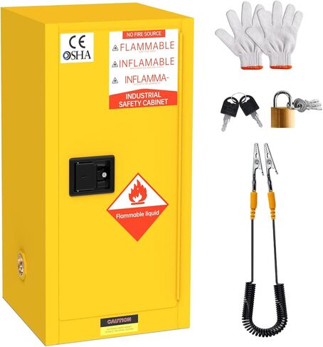 خزانة أمان سعة 16 جالونًا، خزانة سوائل قابلة للاشتعال مقاس 18 × 18 × 22 بوصة مع باب قفل وموصل أرضي ورف قابل للتعديل للاستخدام التجاري أو المنزلي in Kuwait