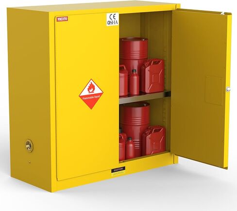 خزانة تخزين الوقود سعة 30 جالونًا، خزانة أمان من الحرائق باللون الأحمر مع بصمة قدم مقاس 23 × 18 × 35 بوصة، وجدران فولاذية مزدوجة ورف قابل للتعديل للمتجر أو المستودع in Kuwait