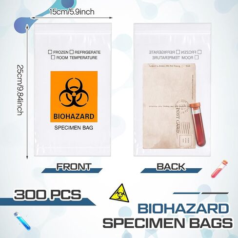 Biohazard Specimen Bags 6 x 9 Inch/ 15 x 25 cm Laboratory Sample Bag with Biohazard Logo Printing Top Sealable Suitable for Lab Test Facilities with External Document Bag(300 Pcs) in Saudi Arabia