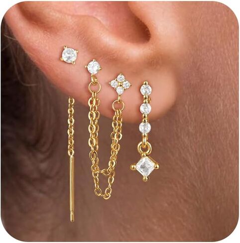 Moodear Gold Dangle Earrings 3/4 Pairs Dainty 14K Gold Plated Chain Earrings for Women Trendy Earring Stacks Set Cubic Zirconia Pearl Hoop Stud Hypoallergenic Earrings for Women Jewelry Gifts in Kuwait