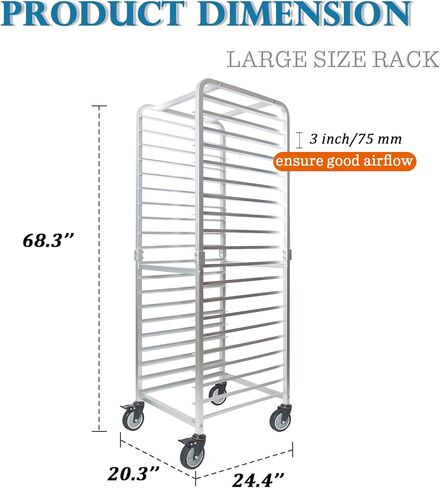 20-Tier Half & Full Sheet Bun Pan Rack - Bread Bakers Rack for Commercial Kitchen, Rolling Baking Cart with Brake Wheels, 26" L x 20.3" W x 68.3" H in Kuwait