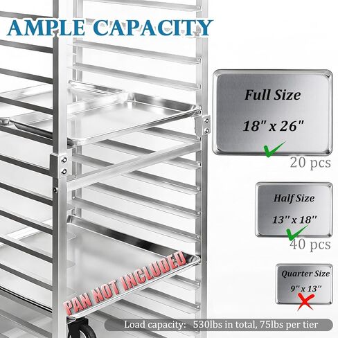 20-Tier Half & Full Sheet Bun Pan Rack - Bread Bakers Rack for Commercial Kitchen, Rolling Baking Cart with Brake Wheels, 26" L x 20.3" W x 68.3" H in Kuwait