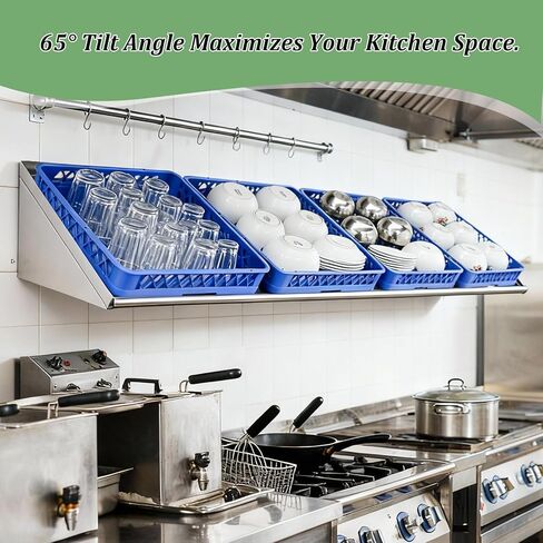 Stainless Steel Wall Mount Slanted Rack Shelf with Drain Outlet for Peg Dish Rack Commercial Shelves Metal Shelving for Kitchen Bar Restaurant(63" X 22.5") in Saudi Arabia