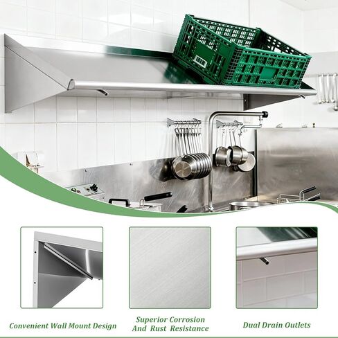 Stainless Steel Wall Mount Slanted Rack Shelf with Drain Outlet for Peg Dish Rack Commercial Shelves Metal Shelving for Kitchen Bar Restaurant(63" X 22.5") in Saudi Arabia
