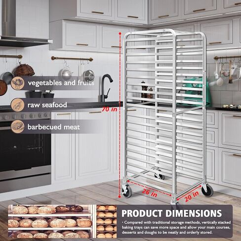 رف صينية الكعك، رف مخبوزات 20 طبقة مع عجلات، رف صينية من الألومنيوم ورف سرعة للصفائح الكاملة/نصف، 26 × 20 × 70، للمنزل والمطبخ، والمطاعم in Kuwait
