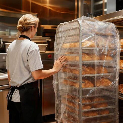 100 Pack Disposable Bun Pan Rack Covers, 53"x79" Clear Plastic Commercial Grade Food Safety Covers for Sheet Pans and Wire Racks in Kuwait