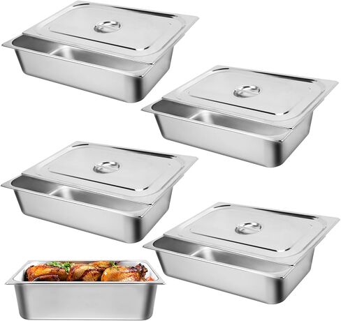 Hotel Pan, Full Size Steam Table Pan 6" Deep Stainless Steam Table Pan with Lid Full Size Food Pan 20.8" L x 13" W Anti Jam Stainless Steel Buffet Pan Commercial Stainless Steel Pan (4 Pack) in Kuwait