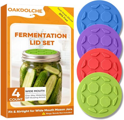 4 قطع من أغطية التخمير السيليكون لبرطمانات الماسون ذات الفم الواسع | صمام قفل الهواء في اتجاه واحد، التجشؤ الذاتي لمخلل الملفوف وبادئ العجين المخمر والبروبيوتيك (براءة اختراع) in Kuwait