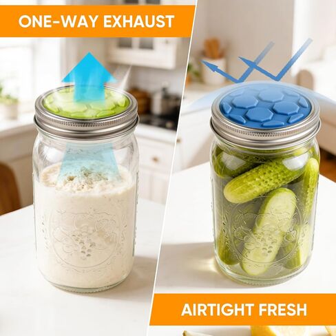 4 قطع من أغطية التخمير السيليكون لبرطمانات الماسون ذات الفم الواسع | صمام قفل الهواء في اتجاه واحد، التجشؤ الذاتي لمخلل الملفوف وبادئ العجين المخمر والبروبيوتيك (براءة اختراع) in Kuwait