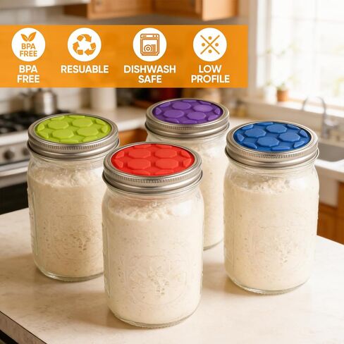 4 قطع من أغطية التخمير السيليكون لبرطمانات الماسون ذات الفم الواسع | صمام قفل الهواء في اتجاه واحد، التجشؤ الذاتي لمخلل الملفوف وبادئ العجين المخمر والبروبيوتيك (براءة اختراع) in Kuwait