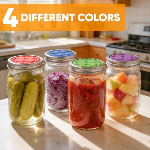 4 قطع من أغطية التخمير السيليكون لبرطمانات الماسون ذات الفم الواسع | صمام قفل الهواء في اتجاه واحد، التجشؤ الذاتي لمخلل الملفوف وبادئ العجين المخمر والبروبيوتيك (براءة اختراع) in Kuwait