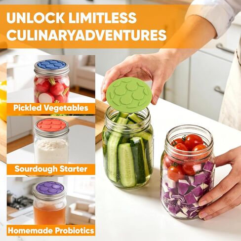 4 قطع من أغطية التخمير السيليكون لبرطمانات الماسون ذات الفم الواسع | صمام قفل الهواء في اتجاه واحد، التجشؤ الذاتي لمخلل الملفوف وبادئ العجين المخمر والبروبيوتيك (براءة اختراع) in Kuwait