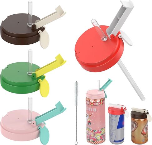 4 Pack Soda Can Lids with Straw, 4 Color Can Covers for Soda with Reusable BPA-Free, Can Lid Built w/ 3 Sizes Fits for S/M/L Sizes, Can Lids Soda w/Straw Brush Cans for Seltzer, Beer, Juice, Seltzer in Saudi Arabia